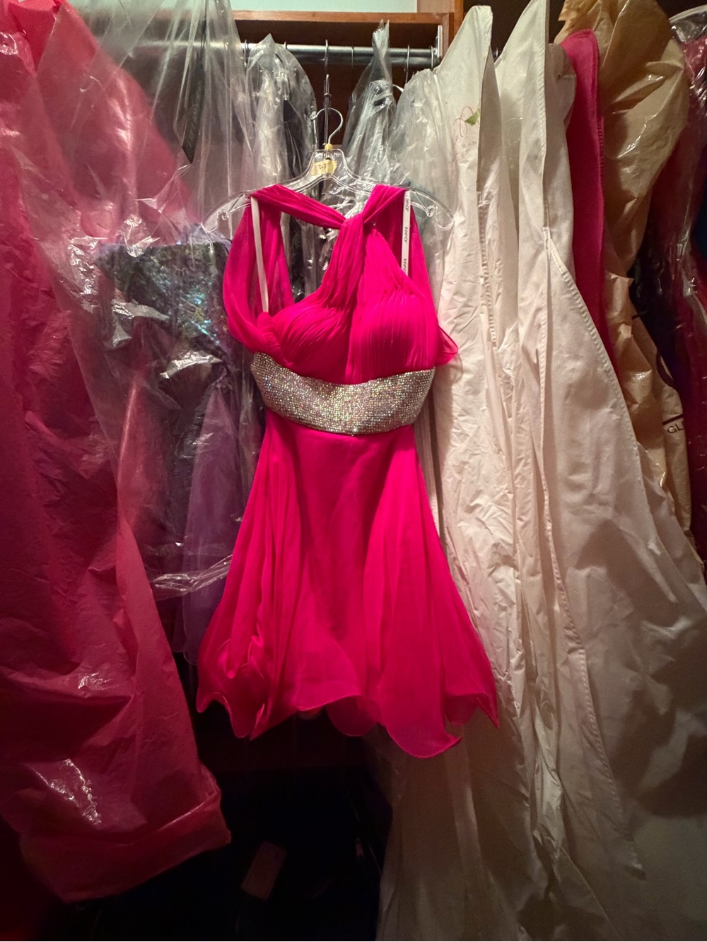 Jovani Hot Pink Mini Dress with Silver Sequin Waistband